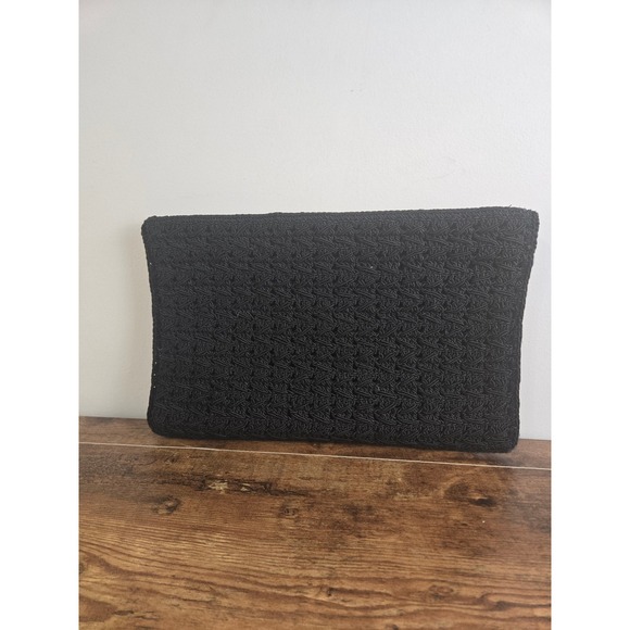 Authentic Original Vintage Style Handbags - Vintage Black Woven Textured Cord Zip Top Evening Clutch Bag Handbag Large